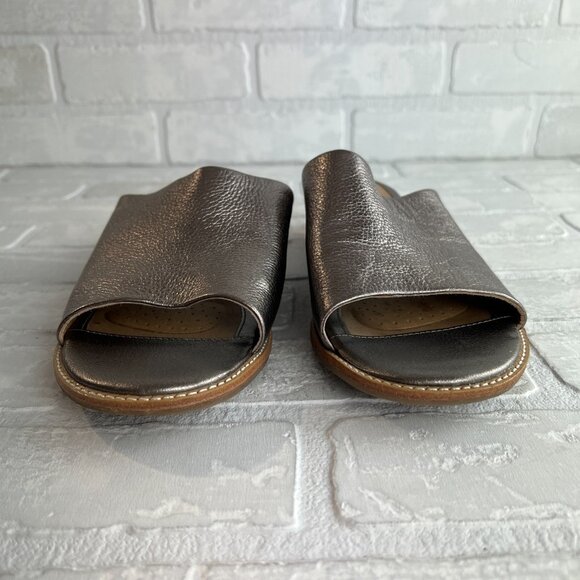 Sofft Slides Slip On Sandals Womens‎ 10 Metallic Pewter Low Wood Heel Open Toe - Picture 6 of 11
